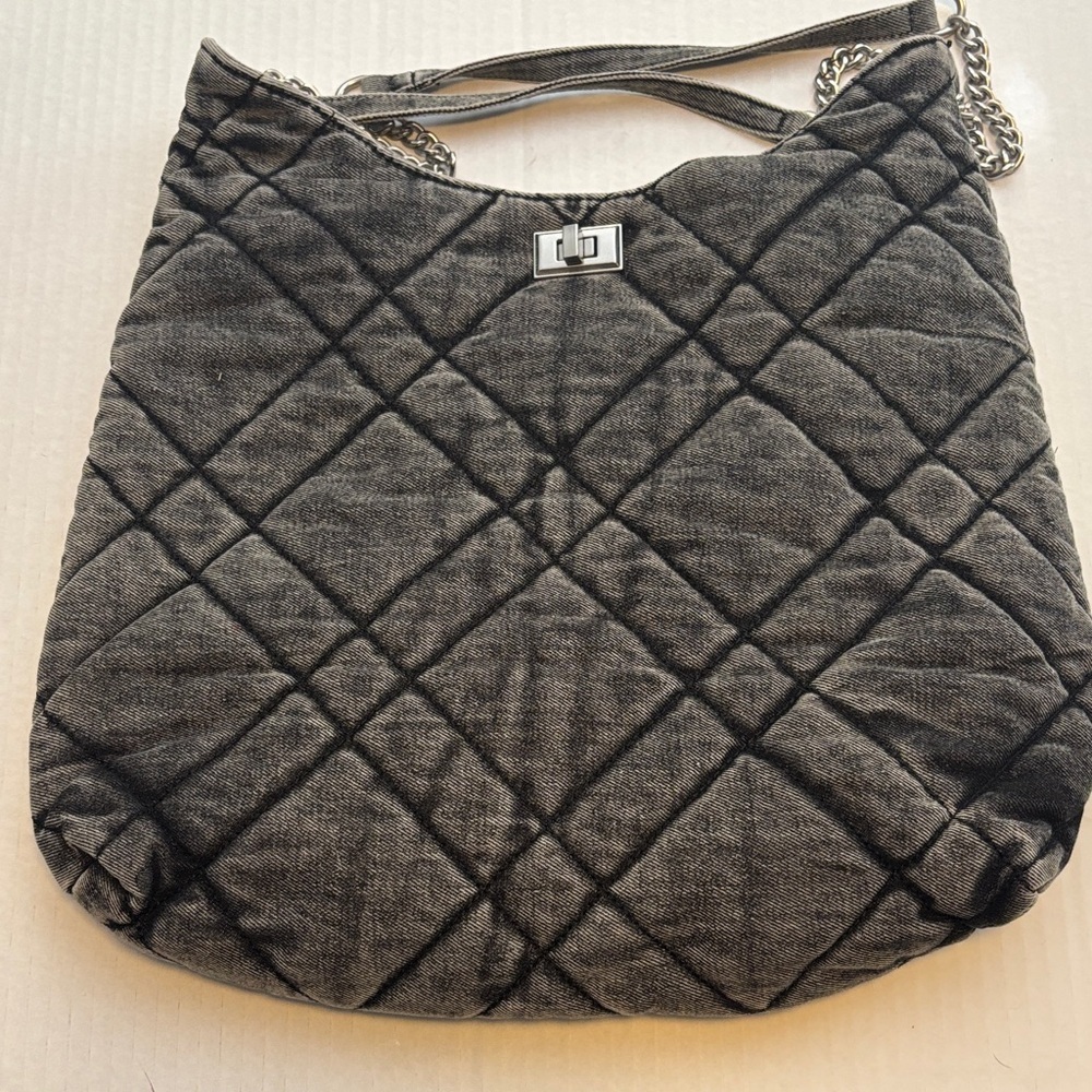 BLACK DENIM QUILTED TOTE BAG LIGHT BLACK WITH SILVER BUCKLE CLOSURE BY PRIMARK